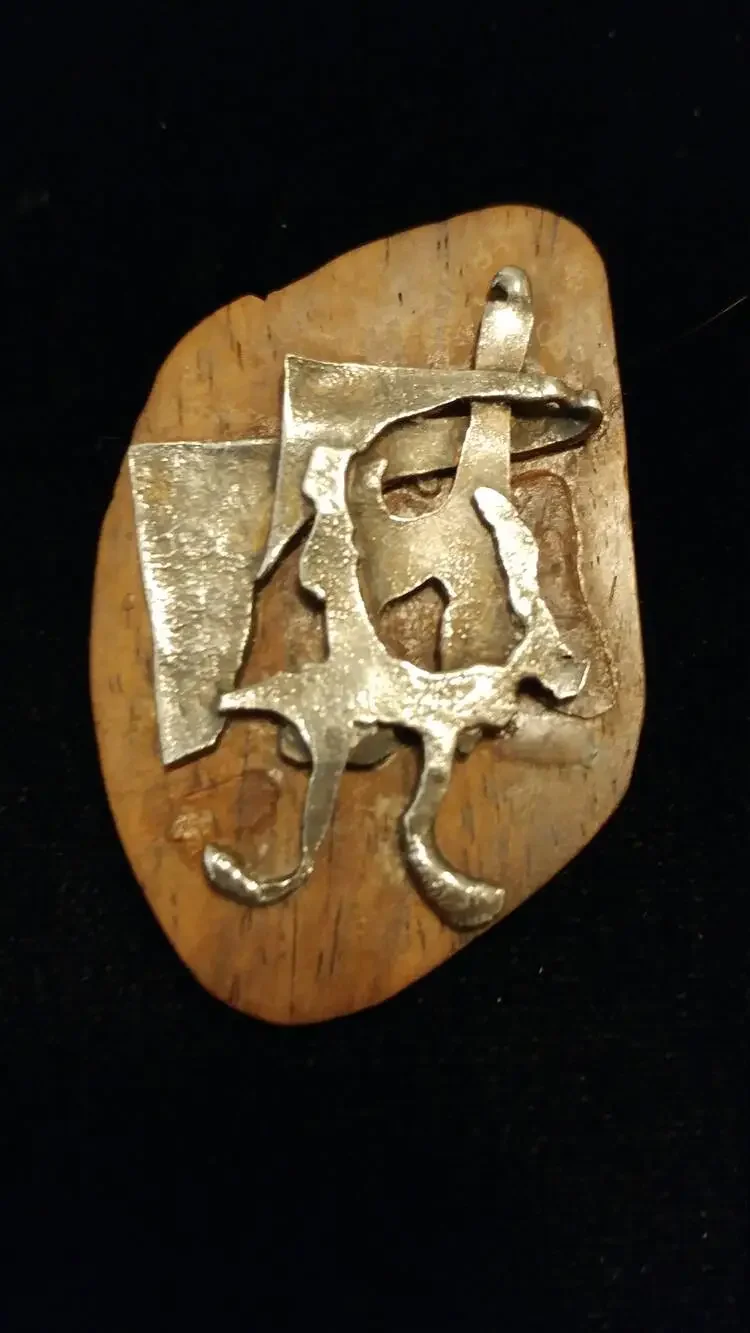 Brutalist Wood and Sterling Brooch Mid-century Mixed Medium 1950s